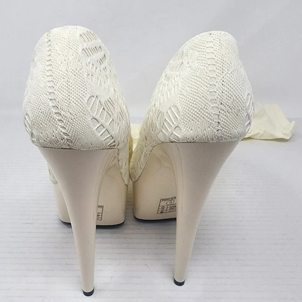 Cream‎ Lace Thigh High Stiletto Stocking Boots Platform Heels Size 6
